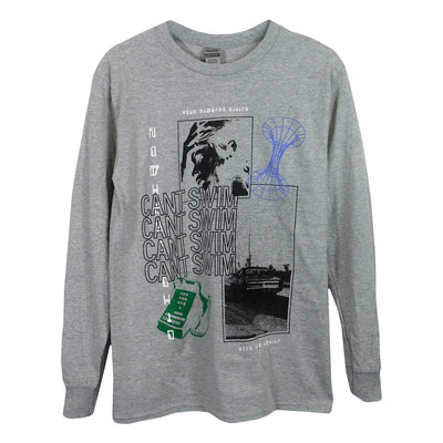 Can't Swim Nowhere Ohio Grey Long Sleeve. has various obscure images all over the center chest of the long sleeve. 