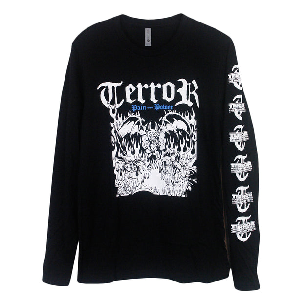 image of the front of a black long sleeve tee shirt on a white background. the long sleeve has a center chest print in white. at the top says terror and below are demons in fire. there is a white print down the right sleeve of the letter T, and then says terror, through the hardest truth.