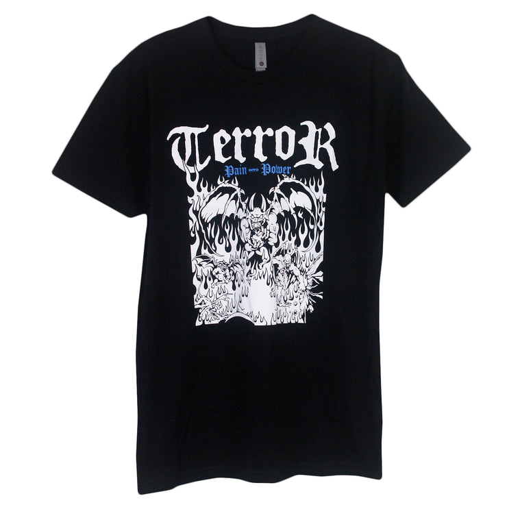 image of the front of a black tee shirt on a white background. the tee  has a full chest print in white. at the top says terror, and below that are demons in fire. 