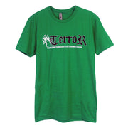 image of the front of a green tee shirt on a white background. the tee has a center chest print in black that says terror. on the left in white is a demon and below says together through the hardest truth