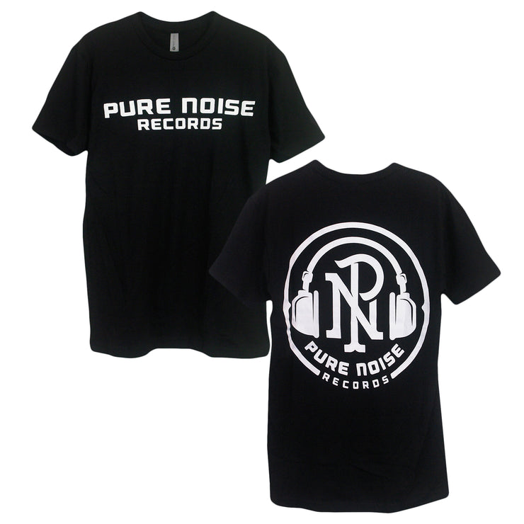 Image of the front and back of a black tee shirt on a white background. front of the tee is on the left and has a print in white across the chest that says pure noise records, the back of the tee is on the right and has a full back print in white of a circle with the letters P N stacked over each other and headphones around the letters. arched up along the bottom says pure noise records