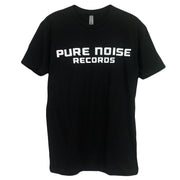 image of the front of a black tee shirt on a white background. front of the tee has a print in white across the chest that says pure noise records