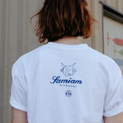 image of the back of a girl wearing a white tee shirt.  back of tee has the pure noise and Samiam logo at the center top of the shirt in blue.