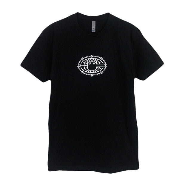 image of the front of a black tee on a white background. the front of the tee has a small white print in center of the chest of an outline of the world with barbed wire around it.