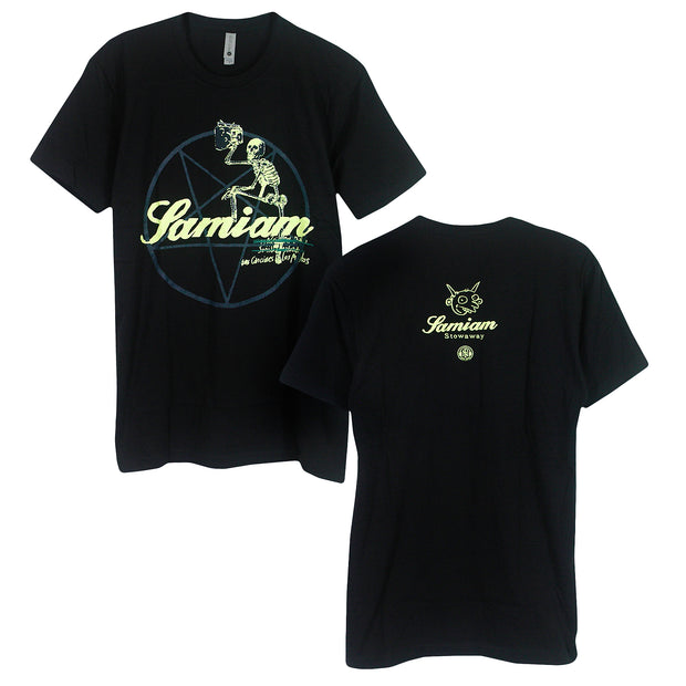 Samiam Black Skeleton T-Shirt. front of shirt has a pentagram with "Samiam" printed in yellow in the center of pentagram. A skeleton has its foot leaning on the word samiam with a beer glass raised. back of tee has pure noise and Samiam Logo by the top center of the tee.