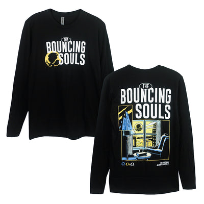 The Bouncing Souls Ten Stories High Black Long Sleeve. Front of Long Sleeve has "The Bouncing Souls" text in white in the center chest, with the bouncing souls logo right next to it. on the back of the Long Sleeve is the albums cover art which depicts a person sitting by the window looking out to the city to see the bouncing souls symbol in the sky