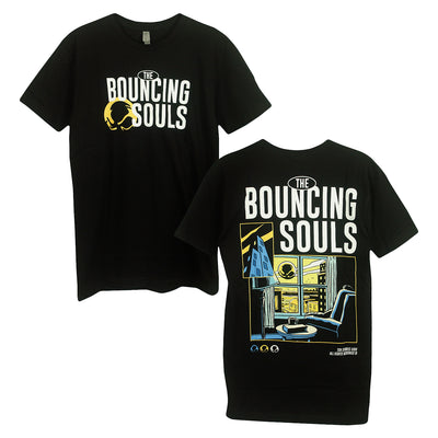 The Bouncing Souls Ten Stories High Black T-Shirt. Front of shirt has "The Bouncing Souls" text in white in the center chest, with the bouncing souls logo right next to it. on the back of the shirt is the albums cover art which depicts a person sitting by the window looking out to the city to see the bouncing souls symbol in the sky 
