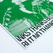 close up, angled image of a poster laid on a white background. Can't Swim Thanks But No Thanks 18x24 Screen Printed Poster. Center of poster is a person with a few flowers surrounding them that turns into clouds by their head in green ink. top of poster has "Cant Swim" text in a collage format. Bottom of Poster has "Thanks But No Thanks" text in collage format. 
