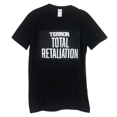 image of a black tee shirt on a white background. tee has center chest print with stacked white text that says terror total retaliation