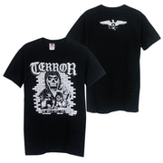 image of the front and back of a black tee shirt on a white background. front of the tee is on the left and has a center chest print in white. the top says terror, and then a skeleton in front of a brick wall with demons. the bottom says the walls will fall. the back of the tee is on the left and has a small center print at the top of an eagle.