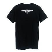 image of the back of a black tee shirt on a white background. the tee has a small center print at the top of an eagle.