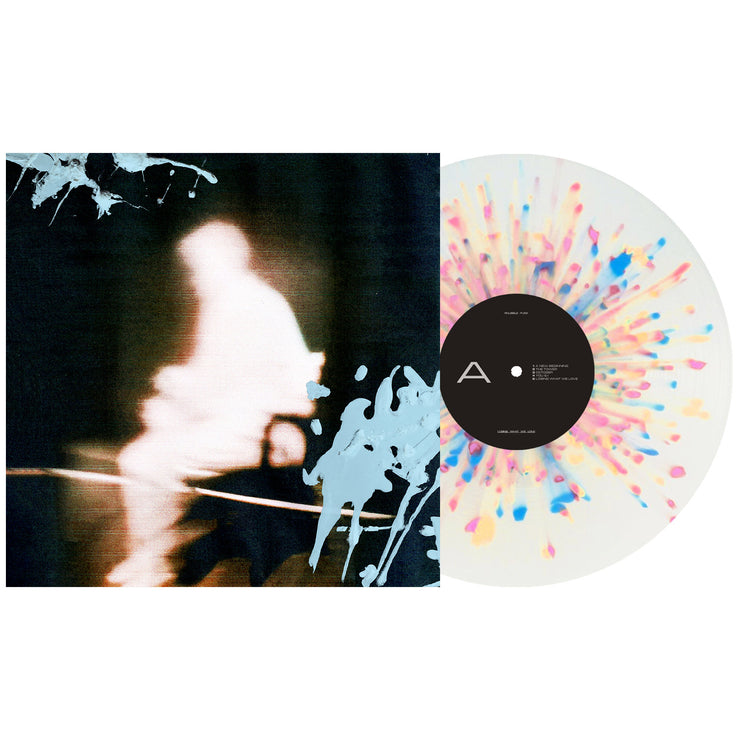 Knuckle Pucks Losing What We Have vinyl LP. album art depicts a glowing outline of a man sitting on a bench. LP is exposed to show color. color of LP is Mily Clear with Heavy Blue, Pink, and Easter yellow splatter. 