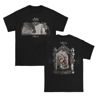 UNITYTX Gargoyle black t-shirt. front of the shirt has 3 gargoyles on a grave stone with the UNITYTX text above and FERALITY text above all in gray. the back of the shirt has a gargoyle style mirror with a face in the mirror with blood splattered on it.