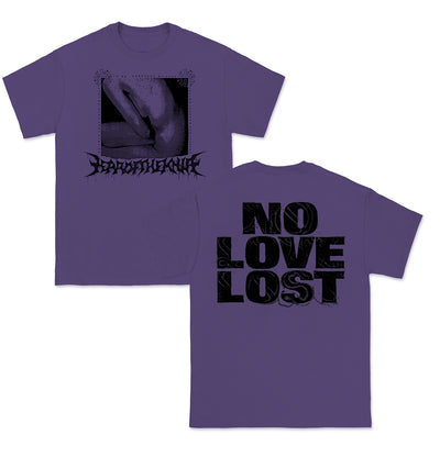 Year of the Knife No Love Lost purple t-shirt. front of shirt has a side shot of a womans body positioned to not expose anything with the text year of the knife in metal font underneath that, all in black ink. back of shirt has No Love Lost in large black text.