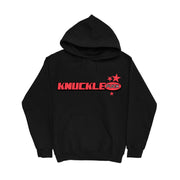 Knuckle Puck Losing What We Love Black Hoodie. Front of hoodie has Knuckle in large red block letters and Puck inside of a red circle with white letters across the chest, 