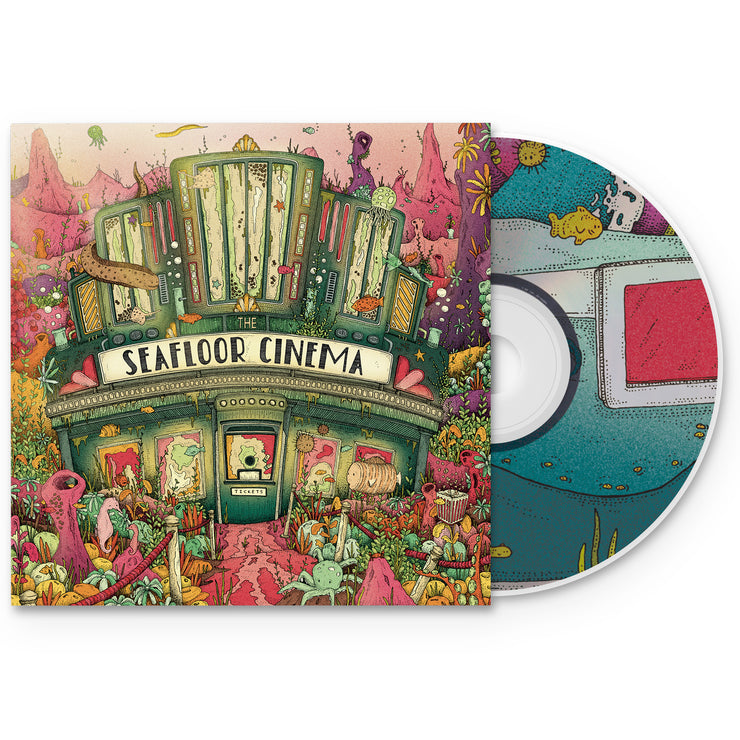 The Seafloor Cinema Self Titled CD. the album art depicts a literal seafloor cinema. a movie theater on the ocean floor with sea creatures showing up to the showing.