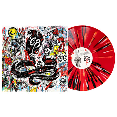 '68 Yes, And... Vinyl LP. Album art depicts a doodle cobra with a lot of various scribble images around it, too many to describe and in various color. vinyl LP is exposed to show color. color of LP is Blood Red with black and white splatter. 