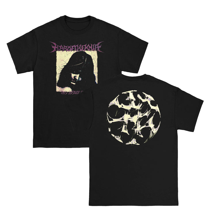 Year of the Knife No Love Lost black t-shirt. front of shirt has the album cover which is a woman looking downward. back of shirt has the bands circle blade like logo in white. 
