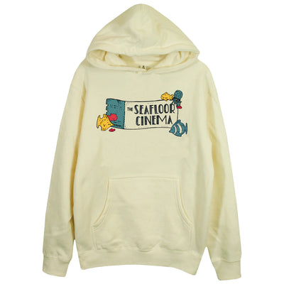The Seafloor Cinema Self Titled Bone Pullover Hoodie. front print of shirt is an old timey movie ticket with "the Seafloor Cinema" text on the ticket and a few fish surrounding the ticket.