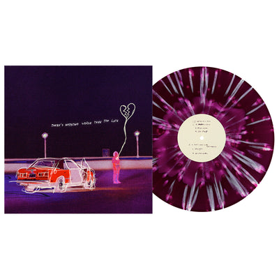 Real Friends There's Nothing Worse Than Too Late Vinyl LP with LP exposed to show color. album art is a scratchy line art of a person in an empty lot holding a broken heart balloon next to their car.  Side A Vinyl color is White in Purple with Magenta & White Splatter.