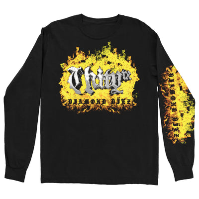 UNITYTX DIAMOND DIEZ black long sleeve. the center chest has a flame with the text UNITYTX in chrome and DIAMOND DIEZ in black inside the flame. the same flame with just the diamond diez is printed down the left sleeve.