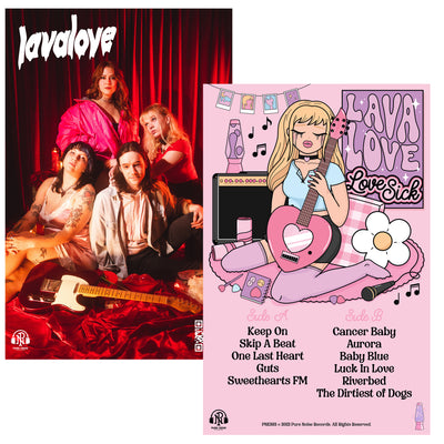 LAVALOVE Lovesick double sided poster. one side is a photo of the band in front of a velvet red backdrop. the other side is the album cover which depicts a blonde cartoon girl crying in her cute pink room, 