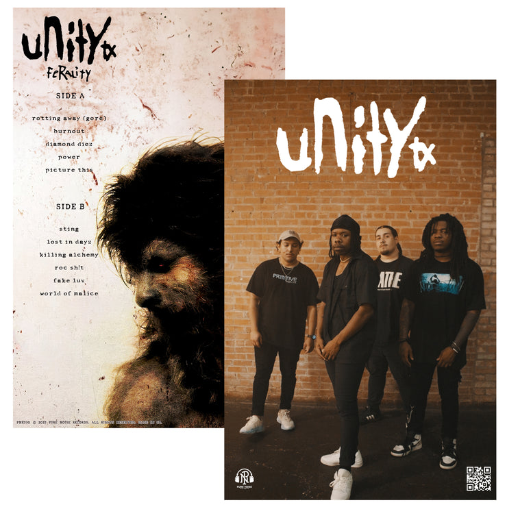 UNITYTX FERALITY 11 by 17 double sided poster. one side of the poster is a photo of the band all standing in front of a brick wall. the other side of the poster is a side profile of a creepy man next to the albums track list on a white distressed backgroud.