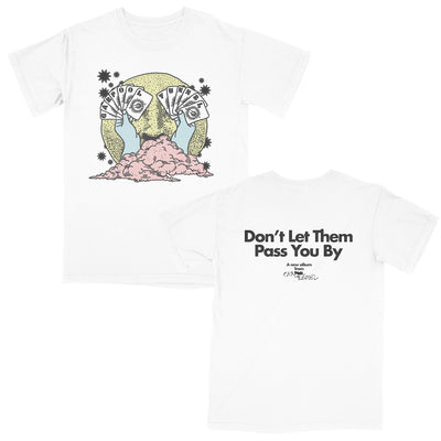 Carpool Tunnel Don't Let Them Pass You By White T-Shirt. Front of the shirt has a moon with two hands holding cards in front of the moon making a face. back of the shirt has "don't let them pass you by" in simple black text. 