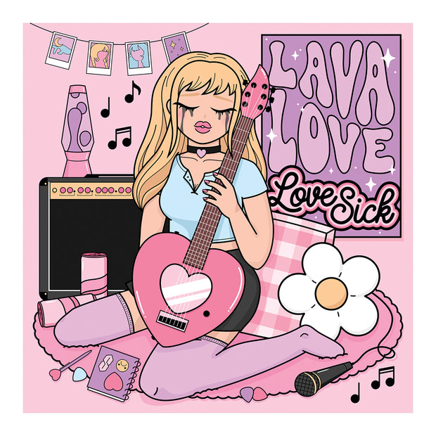 LAVALOVE  Lovesick square sticker. sticker art is the same as the album cover which is a cartoon blonde woman crying in her very pink and cute room. 