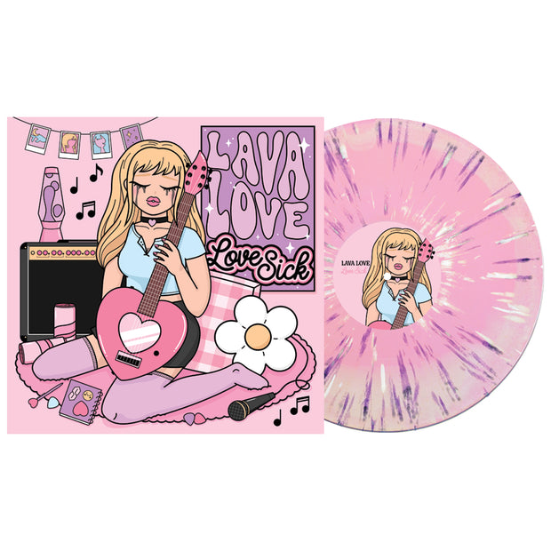 LAVALOVE Lovesick vinyl lp. album art depicts a blonde cartoon girl crying in her cute pink room. vinyl lp color is baby pink & white aside/bside with neon purple and white splatter. 