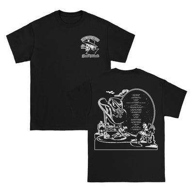 Dead Formats Volume 2 Black T-Shirt. Front left of chest of shirt has a skeleton Cowboy head. printed on the full back of the shirt is a western scene with the tracklist. everything is printed in white ink.