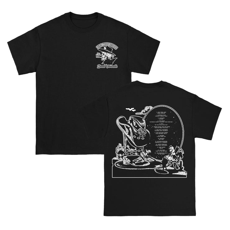 Dead Formats Volume 2 Black T-Shirt. Front left of chest of shirt has a skeleton Cowboy head. printed on the full back of the shirt is a western scene with the tracklist. everything is printed in white ink.