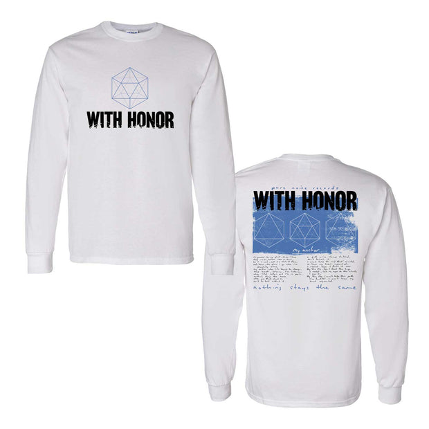 With Honor White Boundless Long Sleeve. front chest print is a geometric shape in light blue ink with the text With Honor below it in black. back of the shirt has more geometric shapes in the same blue with with honor text above in black and lyrics below in light blue. 