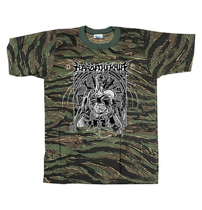 Year of the Knife No Love Lost Camo T-shirt. shirt has a gargoyle like creature on the front with the text year of the knife in metal font above it, all in white and black ink