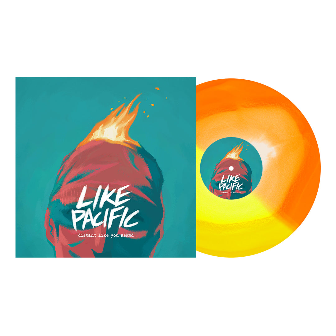 The Like Pacific album "Distant Like You Asked" features a stylized head with flames on the cover and a white-and-yellow-orange vinyl (3rd press) with matching head-and-flames artwork on its label.