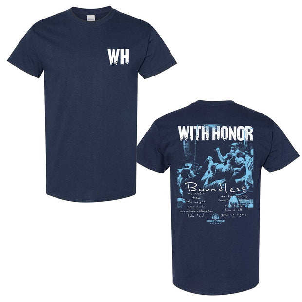 With Honor Navy Blue Boundless T-Shirt. front left chest has WH printed in white. Back of shirt has a live band photo in light blue ink with the text with honor in white above and the text boundless with the track list below the photo in white also . 