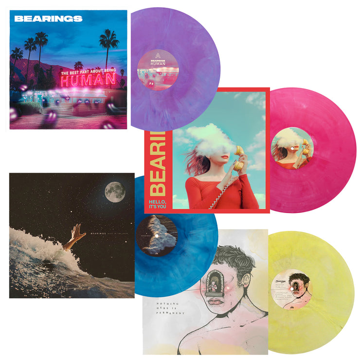 bearings vinyl collection bundle. the bundle comes with The best part about being human, Hello its you deluxe edition, Blue in the dark and Nothing is permanent vinyl lps.