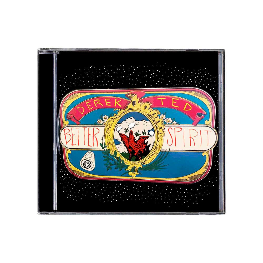 Derek Ted’s Better Spirit CD cover features a vibrant ornate frame with a red dragon, floral art, and the album title over a black background with white dots. The track list is included in the design of the CD.