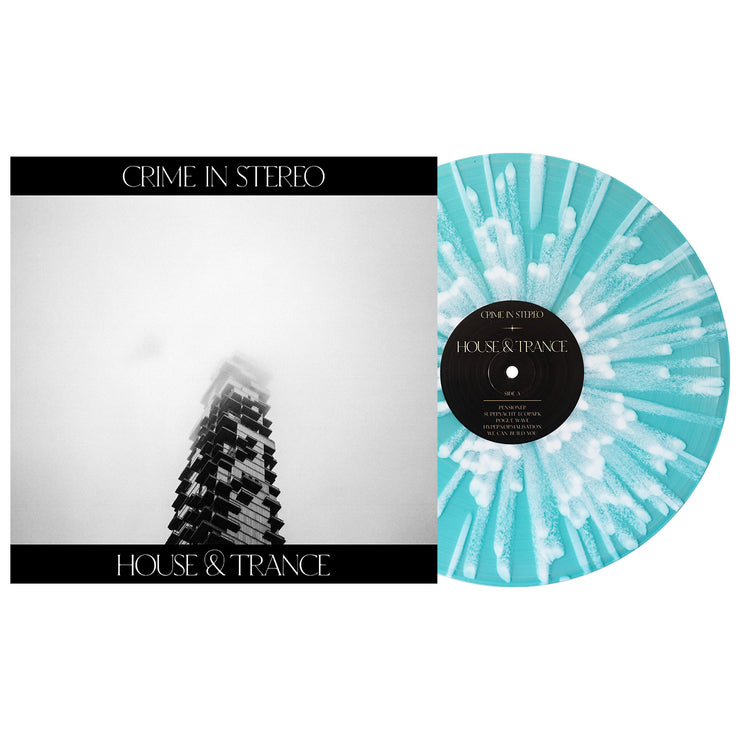 Crime In Stereo House & Trance Vinyl LP. Album Art depicts a sky scraper getting lost in the clouds. vinyl color is electric blue with white splatter. 