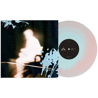 Knuckle Pucks Losing What We Have vinyl LP. album art depicts a glowing outline of a man sitting on a bench. LP is exposed to show color. color of LP is Baby Blue and Pink aside/bside. 
