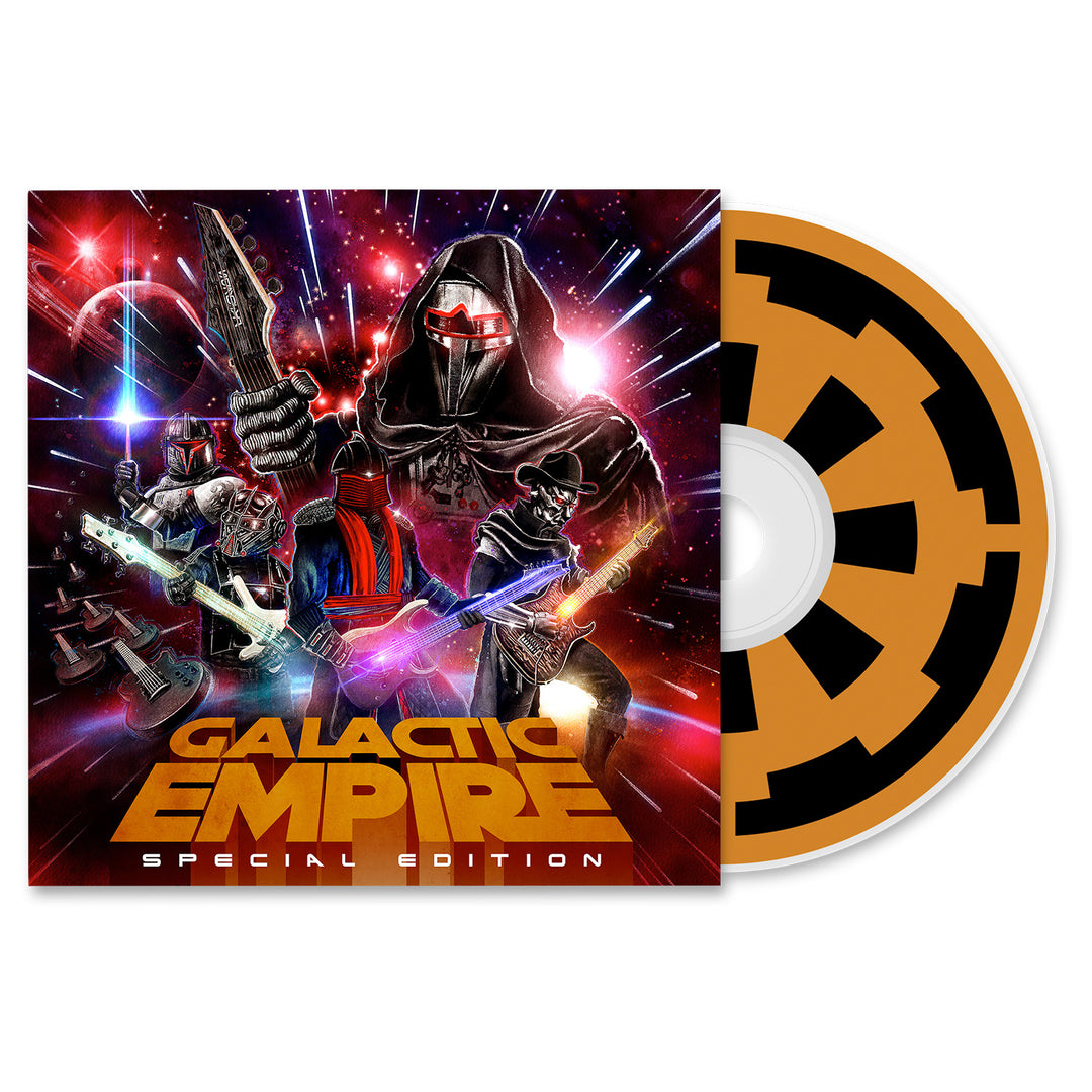 Galactic Empire Special Edition album cover shows masked, armored figures inspired by Star Wars playing guitars under cosmic lights, with a CD featuring a black and orange Imperial emblem. Brand: Galactic Empire.