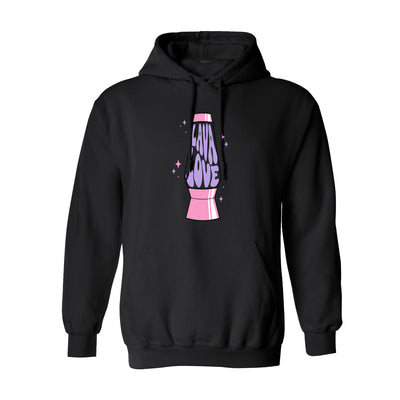 LAVALOVE lovesick black pullover hoodie. on the front center chest in a lava lamp but the lava in the lamp spells out LAVA LOVE. 