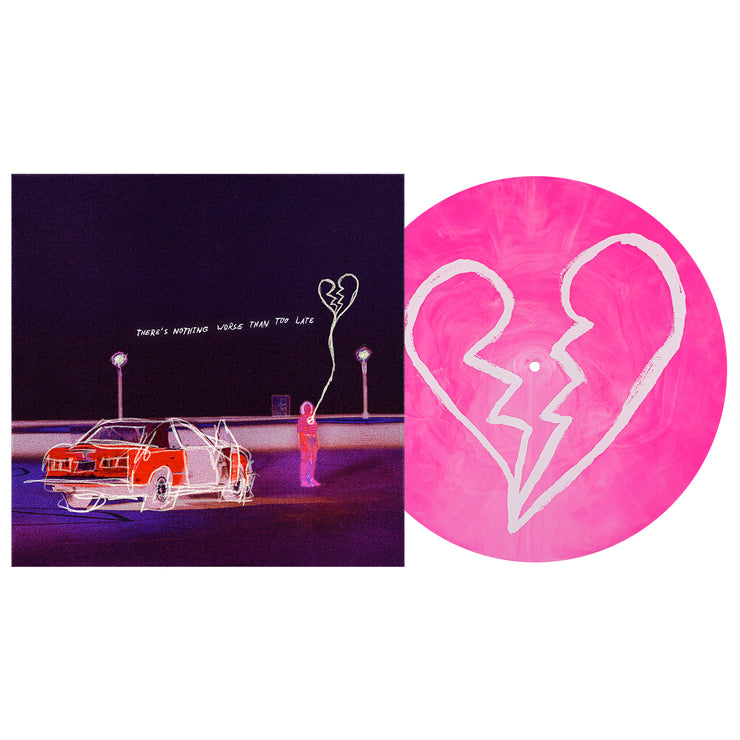 Real Friends There's Nothing Worse Than Too Late Vinyl LP with LP exposed to show color. album art is a scratchy line art of a person in an empty lot holding a broken heart balloon next to their car.  Side B Vinyl color is Magenta Galaxy with a broken heart printed on the LP in white. 