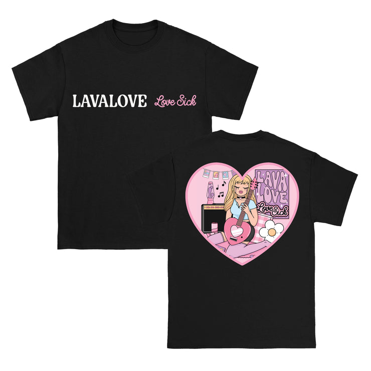 LAVALOVE Lovesick black t-shirt. front of tee has the text LAVALOVE in white and Lovesick in pink cursive font across the chest. the back of the shirt in the center has a heart shape with the album art printed inside of it. the album art depicts a cartoon blonde girl crying in her cute pink room. 