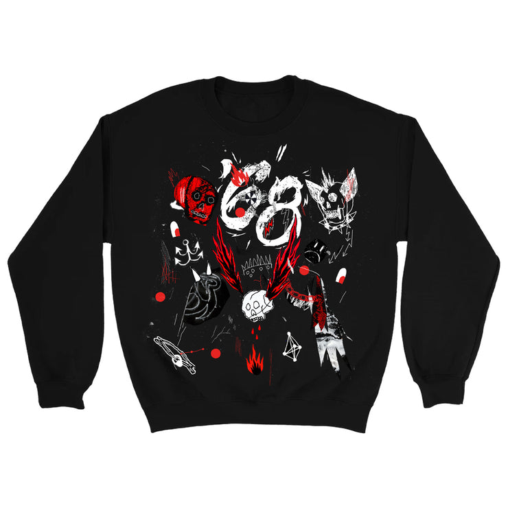 '68 black Yes, And... crewneck. front of crewneck has many various scribble doodle like images in black white and red ink, 