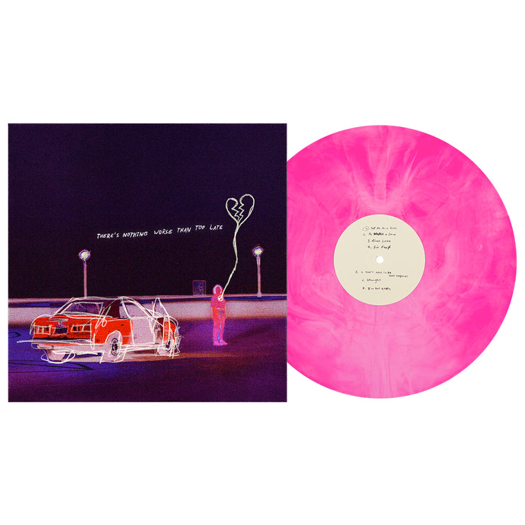 Real Friends There's Nothing Worse Than Too Late Vinyl LP with LP exposed to show color. album art is a scratchy line art of a person in an empty lot holding a broken heart balloon next to their car.  Side A Vinyl color is Magenta Galaxy. 