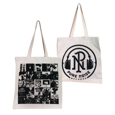 front and back image of a natural colored tote bag on a white background. back of tote is on the left and has black print covering the side of various albums of bands on Pure Noise Records label. The front of the tote is on the right and has black print covering it of a circle with the lettes P N with headphone around it and arched up on the bottom says pure noise records