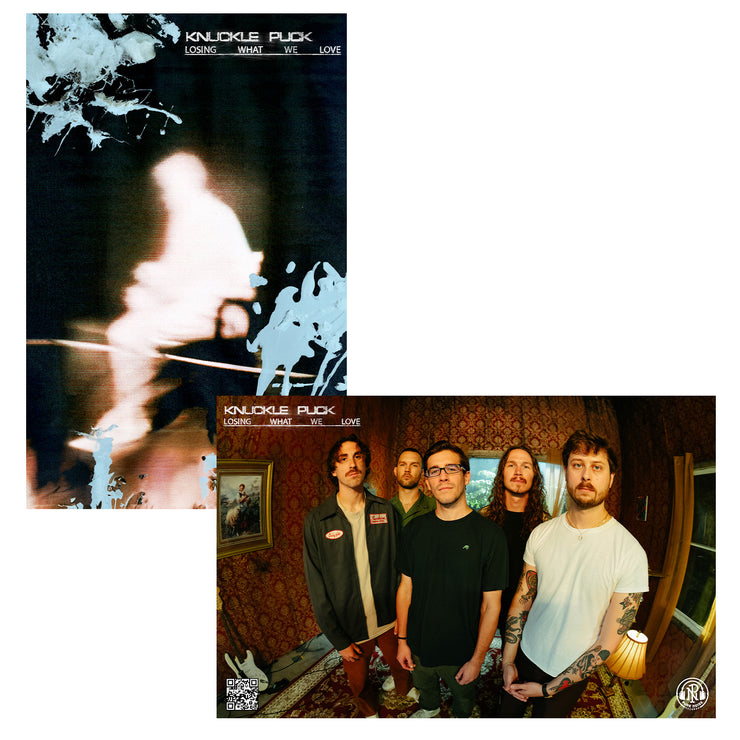 Knuckle Puck Losing What We Love double sided 11 by 17 poster. one side is a photo of the band in a fancy looking studio. Second side is the album art which is the outline of a glowing man sitting on a bench. 
