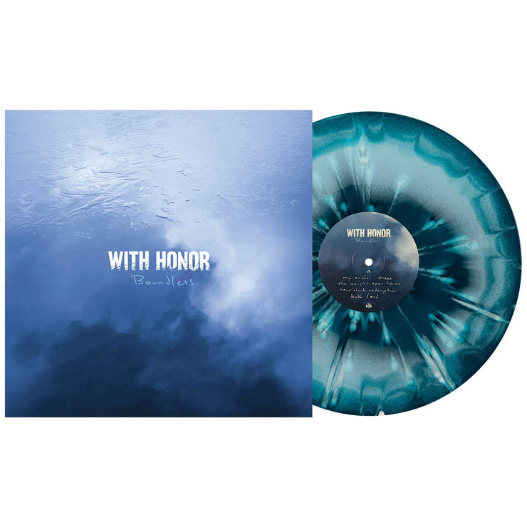 With Honor Boundless Vinyl LP. Album art depicts a sheet of ice reflecting the sky. vinyl is exposed to show color. color is Blue Aside/Bside with white splatter. this is side A.