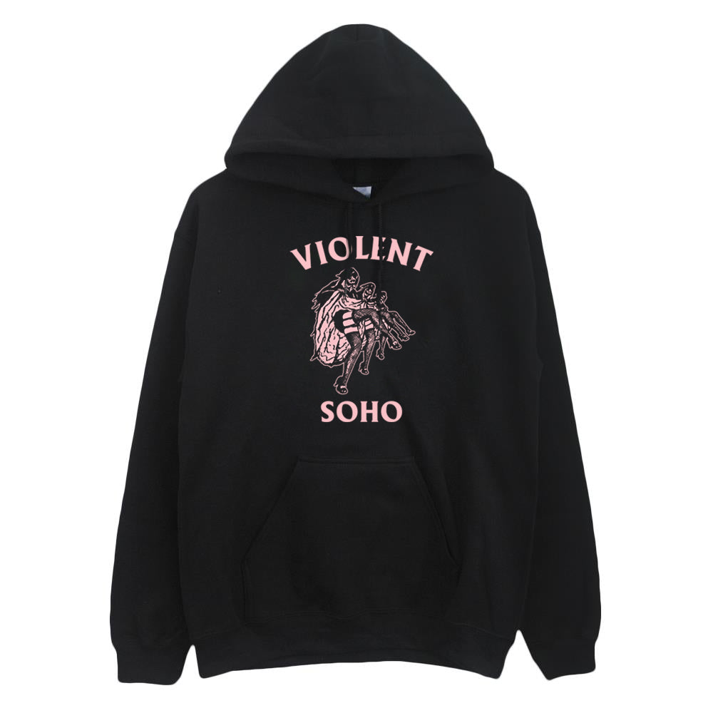 Printed on a classic black Gildan hoodie from Violent Soho, this pullover features a bold pink graphic of a horse rider with VIOLENT above and SOHO below in pink, plus a handy front pocket.